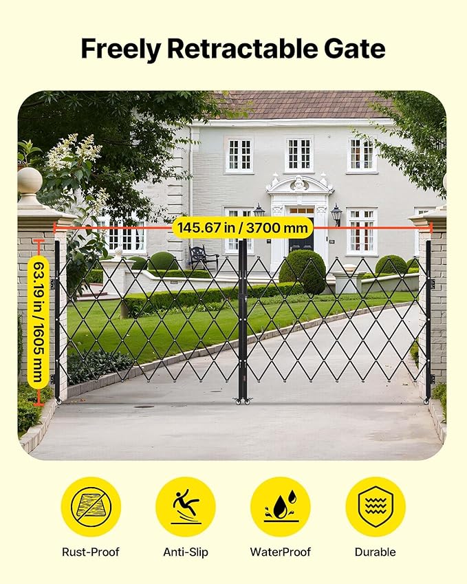 VEVOR Double Folding Security Gate, Lockable Scissor Gate with 360° Swivel Casters, Outdoor Barricade Steel Retractable Gates, for Entry Security, Garage, Warehouse & Pool, 145.67 x 63.19 in (W x H)