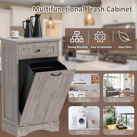 13 Gallons Tilt Out Trash Cabinet Freestanding Kitchen Trash Bin Cabinet Wood Garbage Recycling Cabinet with Hideaway Drawer Pet Proof Trash Can Holder for Kitchen Living Room, Grey
