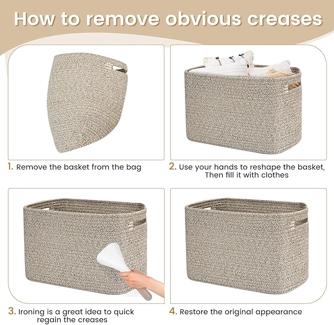 Shelf Woven Storage Basket, 15 x 10 x 9” Closet Rope Baskets For Organizing, Square Bins with Handles, Brown