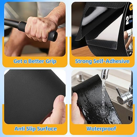 Rubber Grip Tape, 2 in x 22 Ft Black Ultra-Thin Strong Adhesive Non-Slip Tape, Anti-Slip Grip Tape for Handles, Waterproof Heat Resistant Cushion Grip, Comfortable in Hands