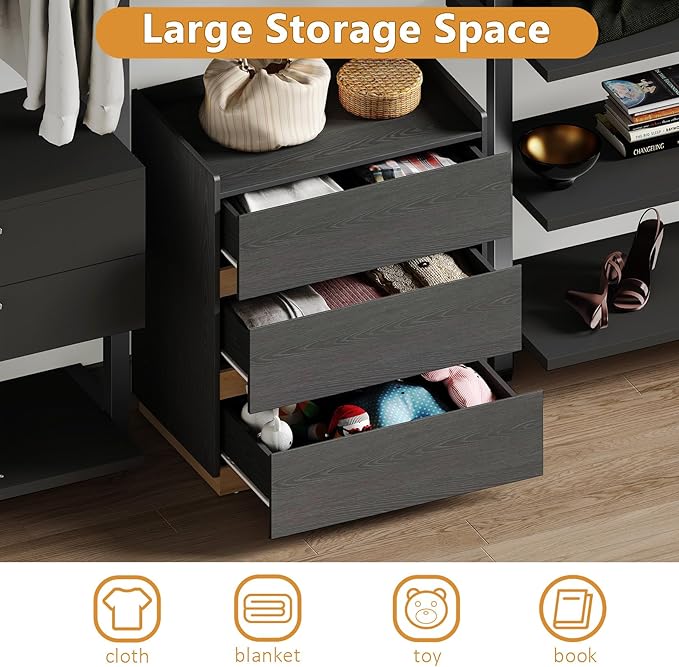 Large Modern Nightstand Black Bedside Table, 3 Drawer Dresser Wood Stackable Storage Drawers for Clothes for Closet, Bedroom, 24"x16"x29"