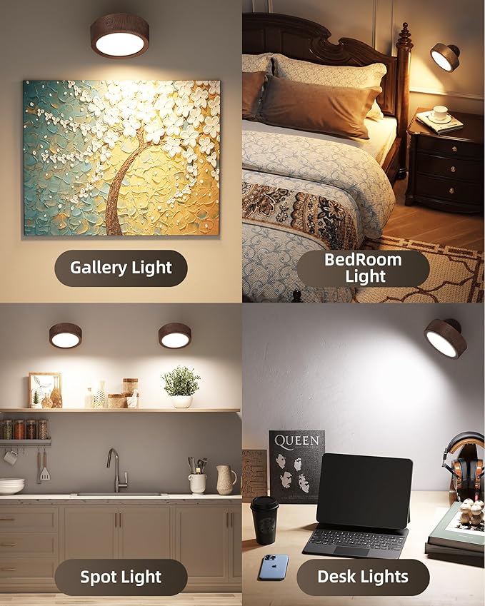 EZVALO LED Wall Mounted Lights, 5500mAh Rechargeable Wall Sconces Lamp, 3 Color Temps & Remote and Touch Control, 360°Rotation Dimmable Cordless Wall Light for Bedroom Reading Study (2 Pack Walnut)