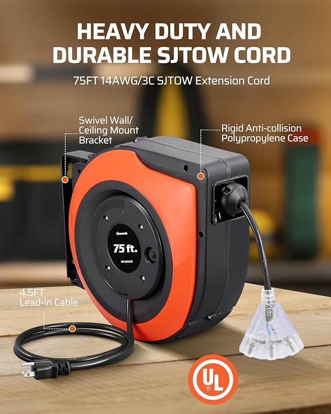 DEWENWILS Retractable Extension Cord Reel, 75 FT Heavy Duty Power Cord, 14/3C SJTOW, Lighted Triple Tap Outlets, 10A Circuit Breaker, Wall/Ceiling Mounted for Garage, Workshop, UL Listed
