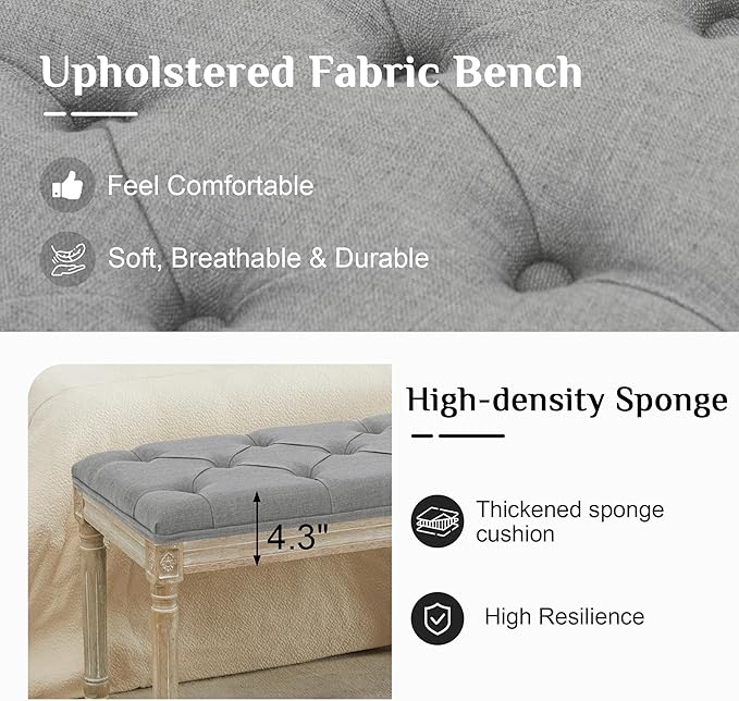LOULENS 57.7" Linen Fabric End of Bed Bench, French Upholstered Button Tufted Bench for Bedroom End of Bed, Window Seat with Carved Wood Legs for Bedroom, Living Room, Entryway, Light Grey
