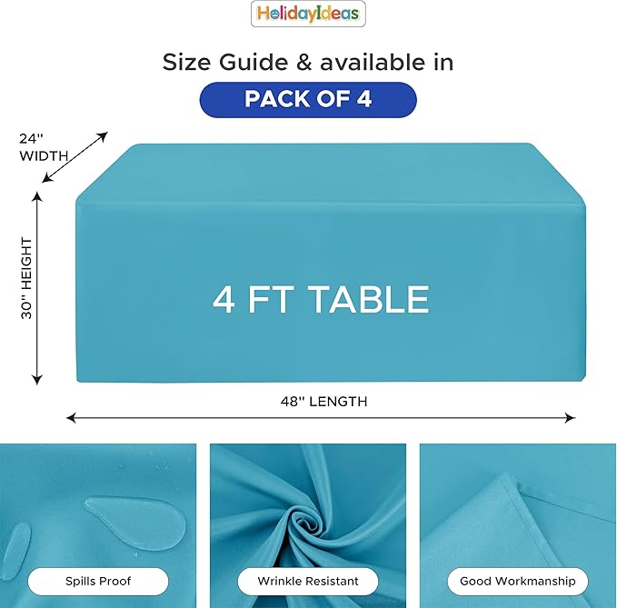 HolidayIdeas Fitted Tablecloths for 4 Foot Rectangle Table, Wrinkle Resistant Washable Table Cover 24x48 Inch for Vendor Booth Display, Banquet, Trade Show, Teal, 4 Pcs