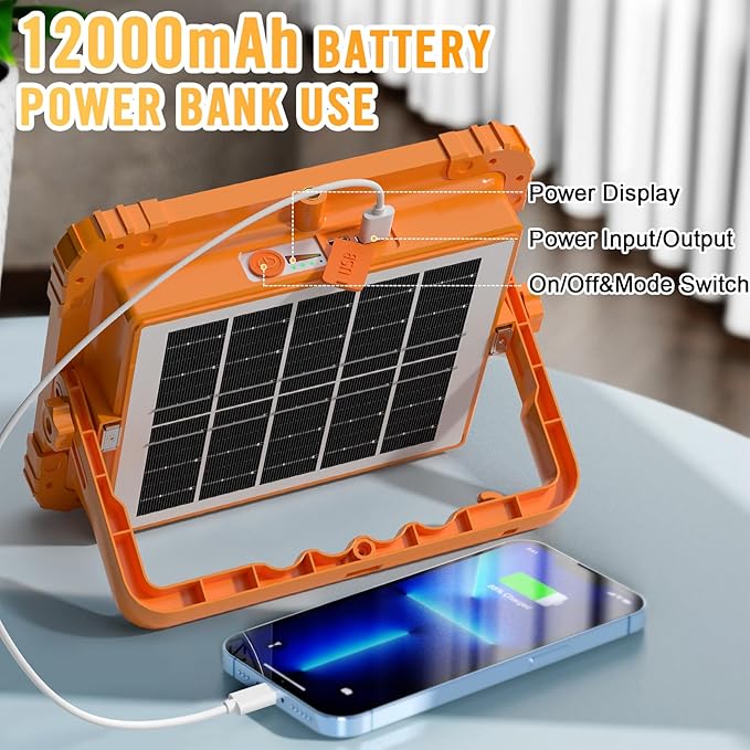 100W LED Solar Work Light, 466 LED 10000LM Magnetic Worklight with 5 Modes, 12000mAh Battary Rechargeable, IP66 Waterproof Portable Solar Outdoor Working Light for Emergency, Repair, Camping