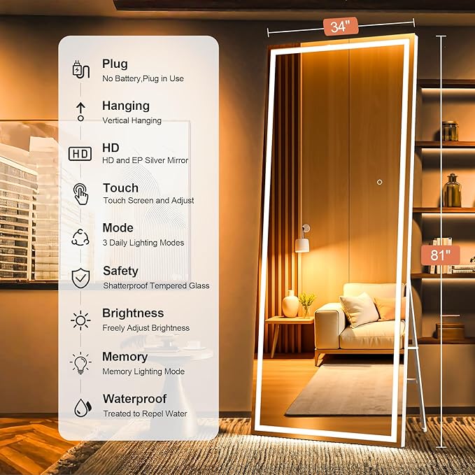 Full Length Mirror with Lights, 81" x 34" Large LED Lighted Floor Standing Body Mirror, Dimmable & 3 Color Lighting for Bedroom, Cloakroom, Dressing Room, Tempered Glass, Square White