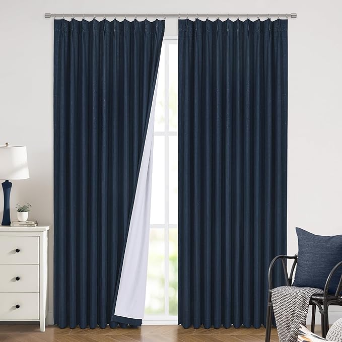 Vision Home Navy Blue Pinch Pleated Full Blackout Curtains Linen Blended Room Darkening Window Curtains 120 inch for Living Room Bedroom Thermal Insulated Pinch Pleat Drapes with Hooks 60" Wx120 Lx1