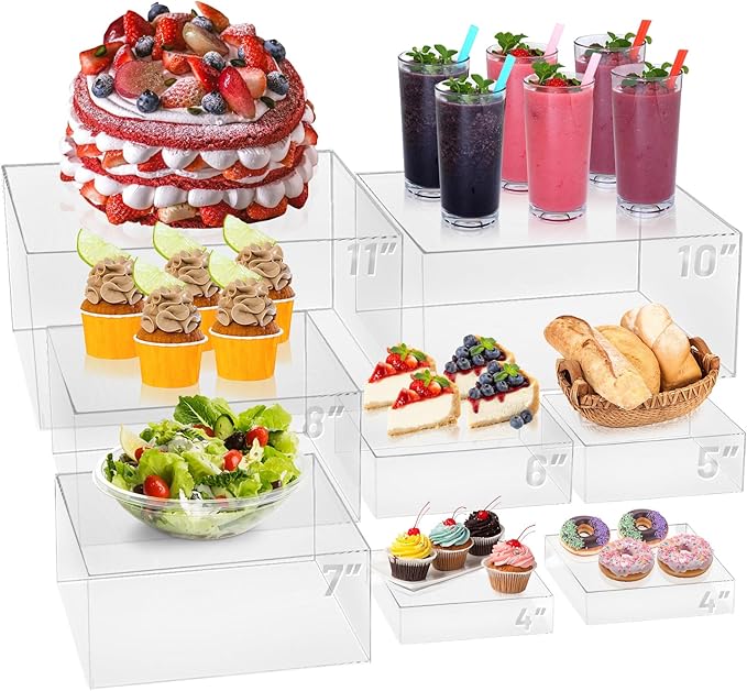 8 Pcs Buffet Food Risers, Large Acrylic Dessert Cupcake Table Stands Fruit Display Shelf Catering Supply Party Jewelry Show Decor Risers Cube Box Nesting Transparent （11",10", 8", 7",6",5",4", 4")
