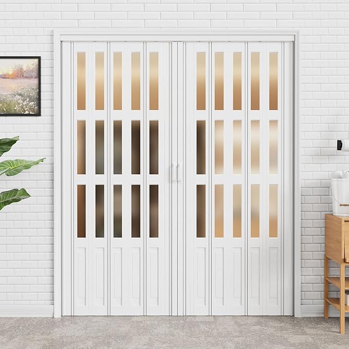 48-72 x 80in (Double 24-36) Accordion Doors Interior Folding Door, White 3 Frosted Acrylic Glass PVC Accordion Door with Upgraded Roller & Handle &Complete Hardware for Closet Bathroom Doorways