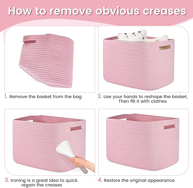 Shelf Woven Storage Basket, 15 x 10 x 9” Closet Rope Baskets For Organizing, Square Bins with Handles, Pink 1 Pack