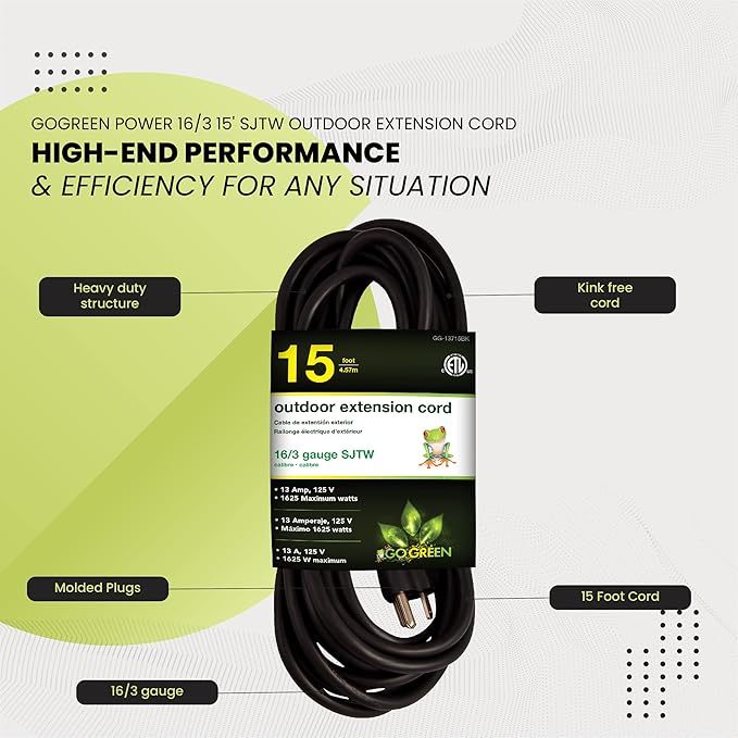 Go Green Power Inc. (GG-13715BK) 16/3 SJTW Outdoor Extension Cord, Black, 15 ft