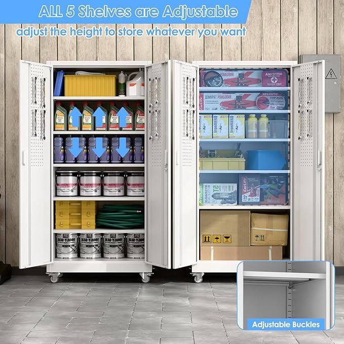 Metal Garage Storage Cabinet with Wheels and Pegboard,Rolling Tool Storage Cabinet with 5 Adjustable Shelves for Garage Warehouse Office Utility Room,Required Assembly,71" H×34" W×18" D,White