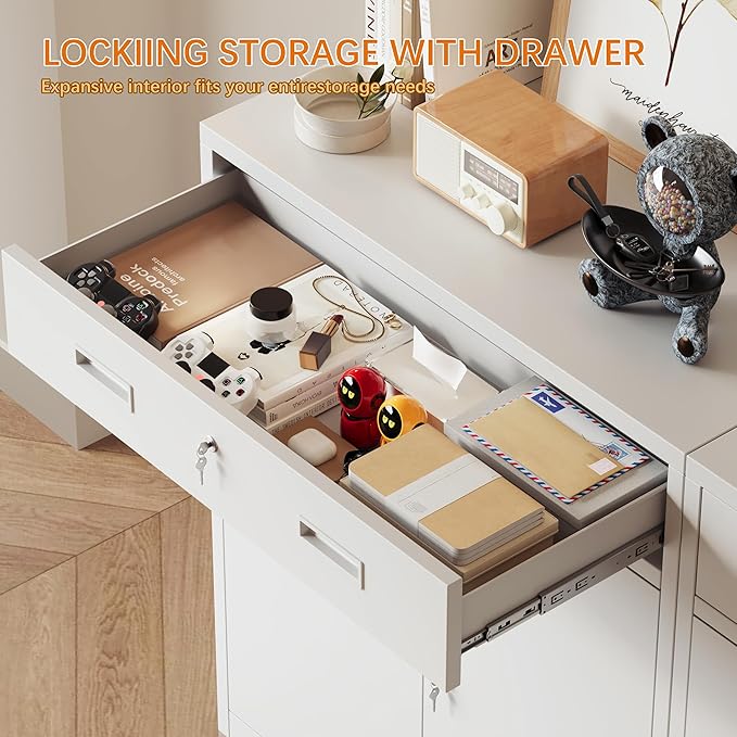 Metal Storage Cabinet with Drawer, 36" H White Locking Metal Cabinet, Adjustable Shelf File Cabinet Cabinet with Doors for Home Office, Garage, Warehouse, Laundry Room, Basement