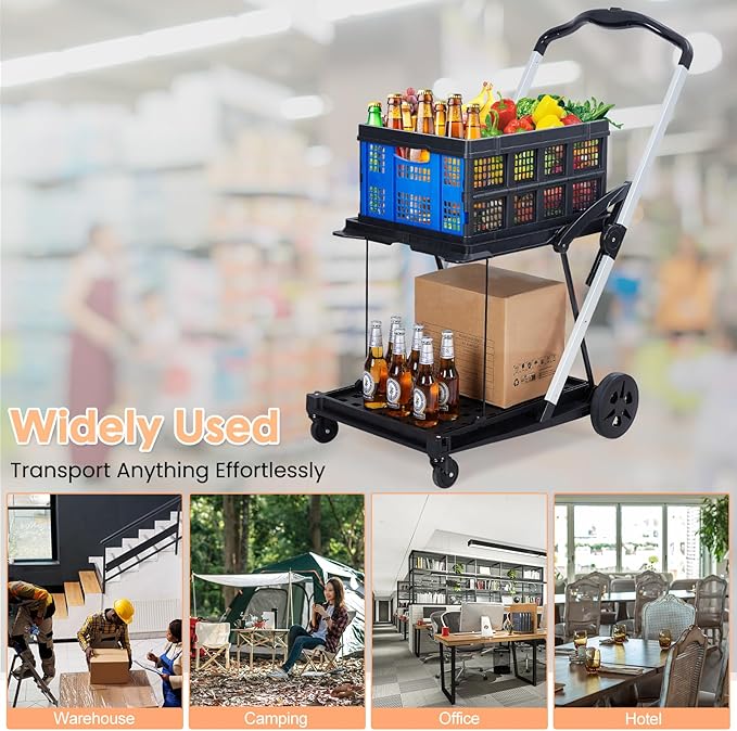 Foldable Shopping Cart with 2 Storage Crates – 2-Tier Collapsible Utility Cart, Aluminum Trolley with 360° Rolling Swivel Wheels & Removable Baskets for Groceries, Office, Travel, Apartment