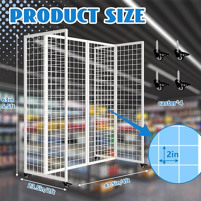 Grid Wall Panels with Wheels, 4 x 5.5Ft Gridwall Panel Display Stand, Sturdy Art Display Panels, Grid Display Stand, White