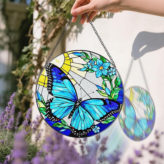 Stained Glass Window Hanging, 8 Inch Sun Catchers Indoor Window, Butterfly Suncatchers for Windows Doors Home Decoration and Christmas, Festival, Housewarming, Mother's Day, Birthday, Gift for Women
