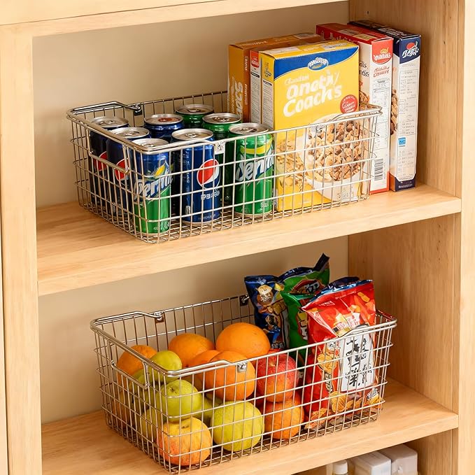 2 Pack Picnic Baskets with Handle, Pantry Organizers and Storage Basket, Stainless Steel Cabinet Organizer, Multi-functional Basket, for Gathering,Closets,Pantry,Garage,Bathroom,Picnic & More (S+L)