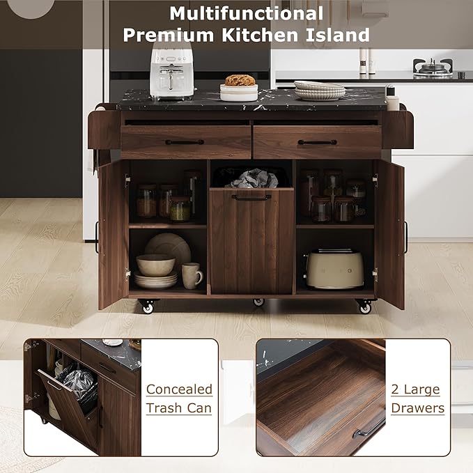 51" Moveable Kitchen Island with Trash Can Storage Cabinet, Kitchen Cart with Drop Leaf, Spice Rack, Towel Rack and Drawer, Rolling Kitchen Island on 5 Wheels with Adjustable Shelf