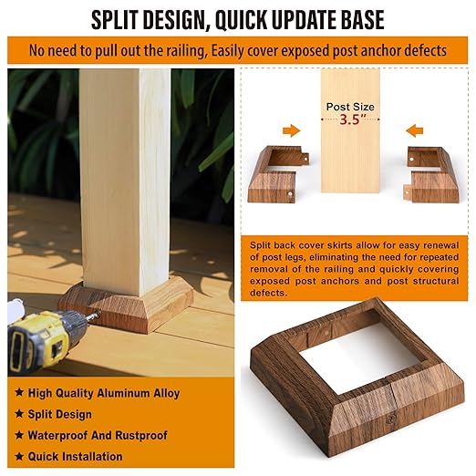 4 pcs 4"x4" (Actual: 3.5"x3.5") Aluminum Post Base Cover for Railings, Stairs, Patios, Porches - Split Deck Post Skirt (Walnut Wood)