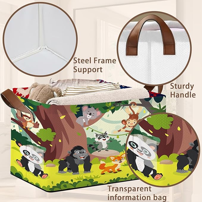 Animals Storage Basket Large 17x11.5x10.5 Inches - Collapsible Fabric Organizer Bin with Handles for Nursery,Kids Room,Toys - Foldable Decorative Hamper with Jungle Animal Pattern - Single Pack