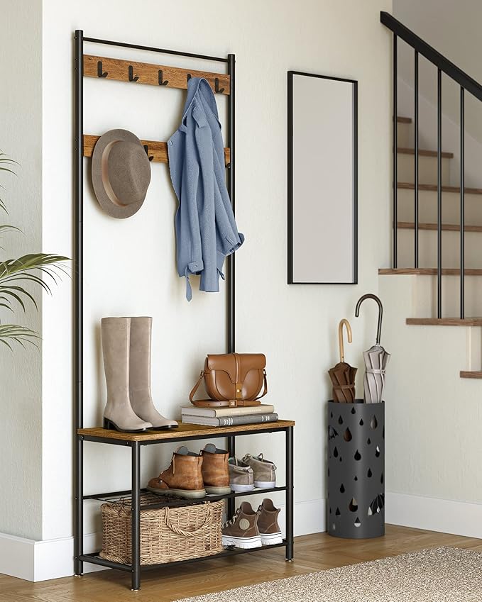 VASAGLE Coat Rack, Hall Tree with Shoe Storage Bench, Entryway Bench with Shoe Storage, 3-in-1, Steel Frame, for Entryway, 12.6 x 27.6 x 68.9 Inches, Industrial, Rustic Walnut and Black UHSR041B41
