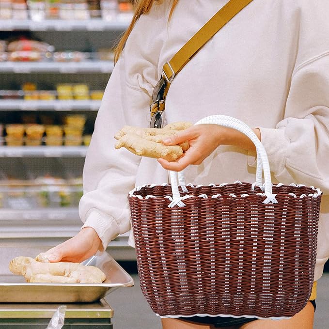 Cabilock Plastic Woven Tote Basket with Handles 13.8X9.4X5.5 Inch Lightweight Portable Storage Basket for Grocery Shopping Bathroom Organization and Home Use