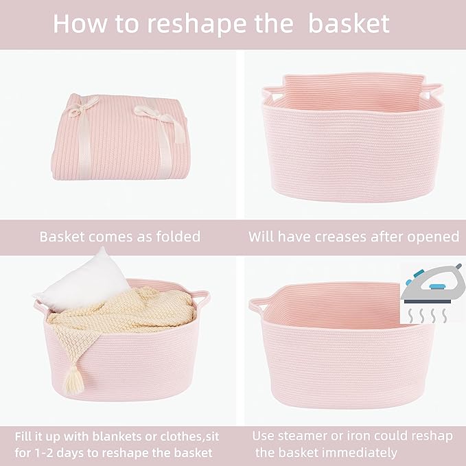 Large Rectangle Blankets Baskets 22"x17"x12" Toy Basket for Kids Woven Cotton Rope Storage Basket for Nursery - Wicker Laundry Baskets for Clothes Towels - Ideal for Living Room Storage pink