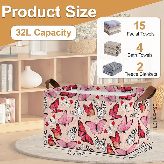 Pink Butterfly Storage Bins with Handles, Collapsible Storage for Clothes, Gift Basket, Blankets & Closet Organization