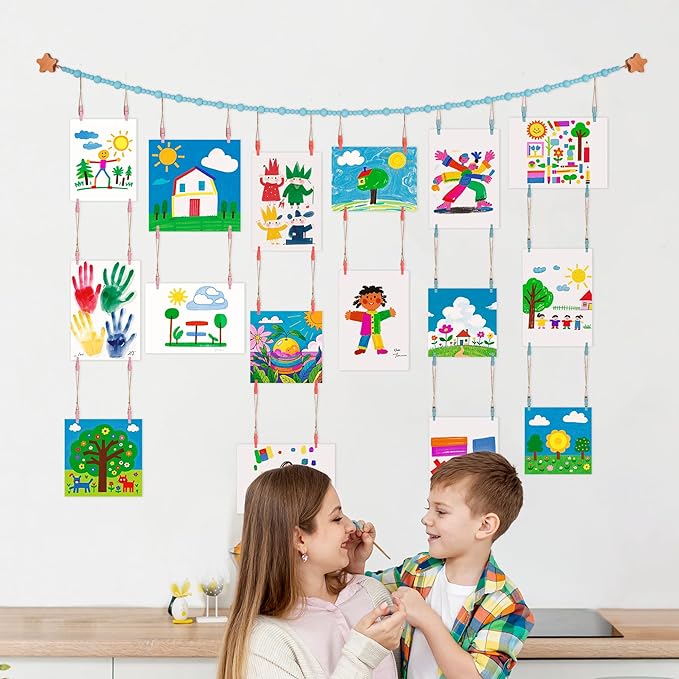 KOLLIEE Kids Artwork Display Art Wall Decor 4.93ft Boho Wooden Beaded Garland Collage Holder with Hanging Rings Wooden Stars Hook 40 Wood Clips for Kids Artwork Photo Room Bedroom Decor Blue