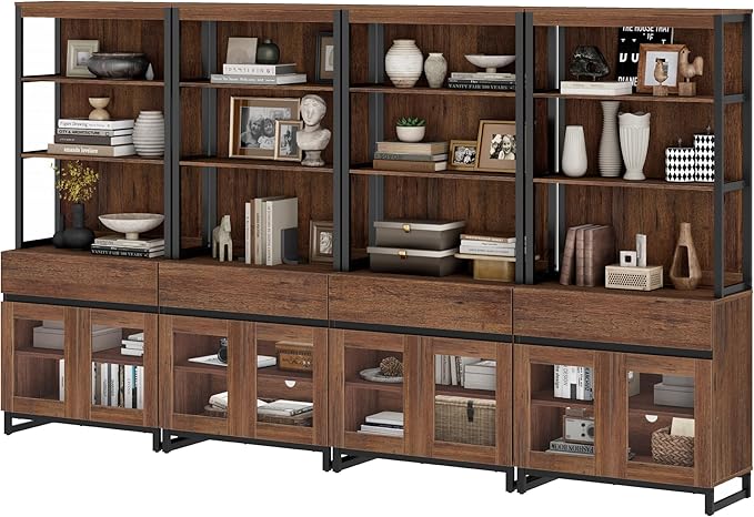 WAMPAT 4 PCS Modern 72" Tall Bookcase with 4 Drawers and Open Book Shelfs, Library Book Shelf with Storage Cabinet and Glass Doors, Wood Freestanding Bookshelves for Home Office, Living Room, Brown