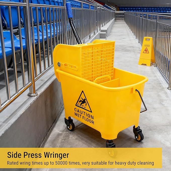 Mop Bucket 20L Side Press Wringer Commercial Mop Bucket with Wheels and Handle for Floor Cleaning in Restaurants Offices Industrial Sites