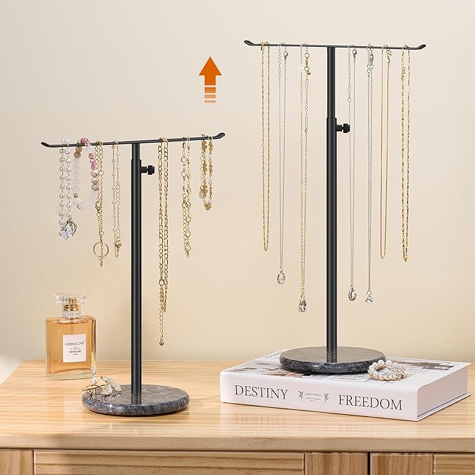 Black Necklace Holder Jewelry Organizer Stand – Adjustable Height T‑Bar Jewelry Display with Dark Gray Marble Base, Necklace & Bracelet Holder, Countertop Jewelry Rack