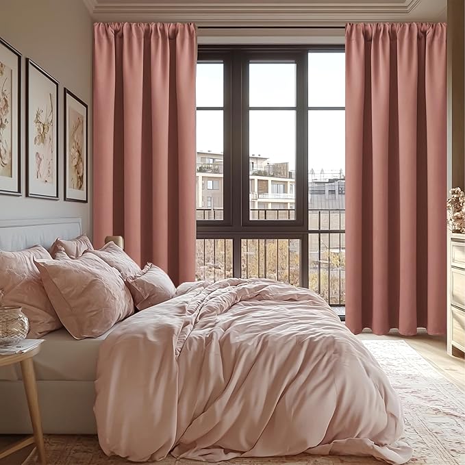 JIUZHEN Blackout Curtains for Bedroom - 60 Inch Extra Wide Thermal Insulated Room Darkening Privacy Soundproof Curtains for Living Room/Dorm Room, Set of 2 Panels, 70 x 63 inches,Dusty Rose
