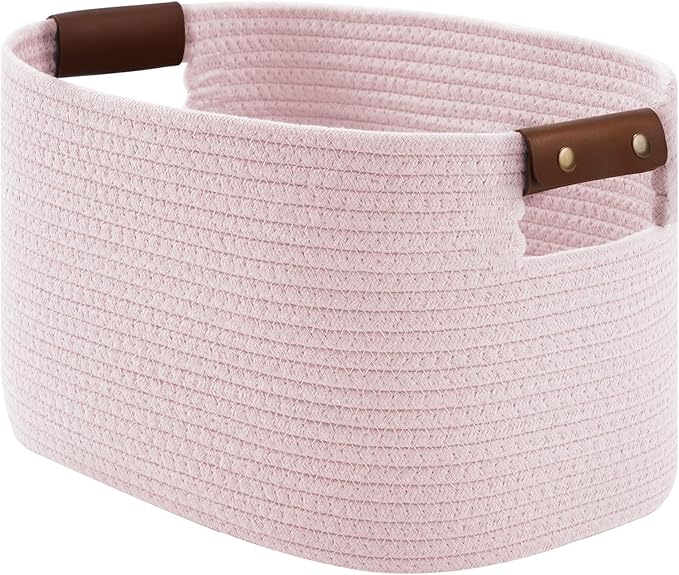 Cotton Rope Basket, Storage Baskets with Handle, 15x10x9 Inch Woven Basket for Shelves, Laundry, Towels, Clothes, Books (Light/Pink 1Pack)