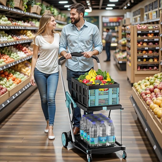 Foldable Shopping Cart, 200 lbs Capacity Grocery Carts on Wheels with Collapsible Crate Heavy Duty Collapsible Cart with Foot Brake for Groceries, Office, Warehouse and Supermarket