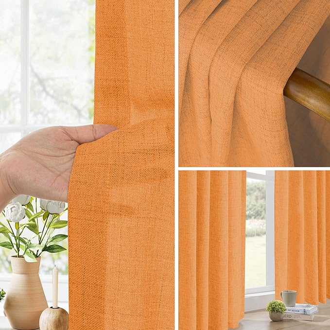 Faux Linen Semi Sheer Room Divider Curtain with Flexible Curtain Track, Light Filtering Privacy Drapes for Window Sliding Glass Door, Living Room Bedroom, Sunset Orange, 72" W x 96" L,1 Panel