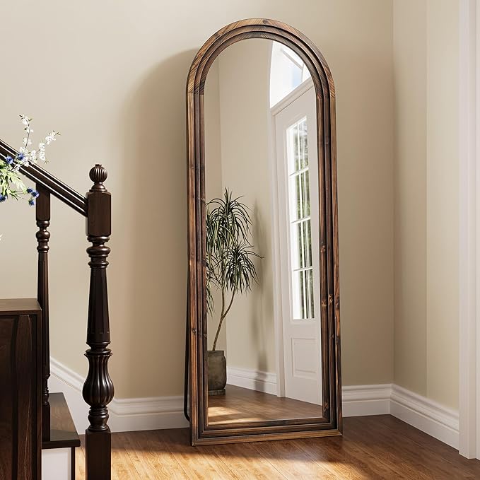 Arched Full Length Floor Mirror 63"x21", Triple-Layer Solid Wood Frame, Rustic Farmhouse Full Body Mirror with Stand for Bedroom, Entryway & Living Room, Walnut Finish