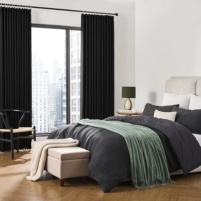 KEQIAOSUOCAI Extra Wide Black Pinch Pleated Curtains 100 x 102, Thermal Insulated Noise Cancelling Living Room Drapes 102 inches Long, Patio Sliding Glass Door Window Curtain 2 Panels