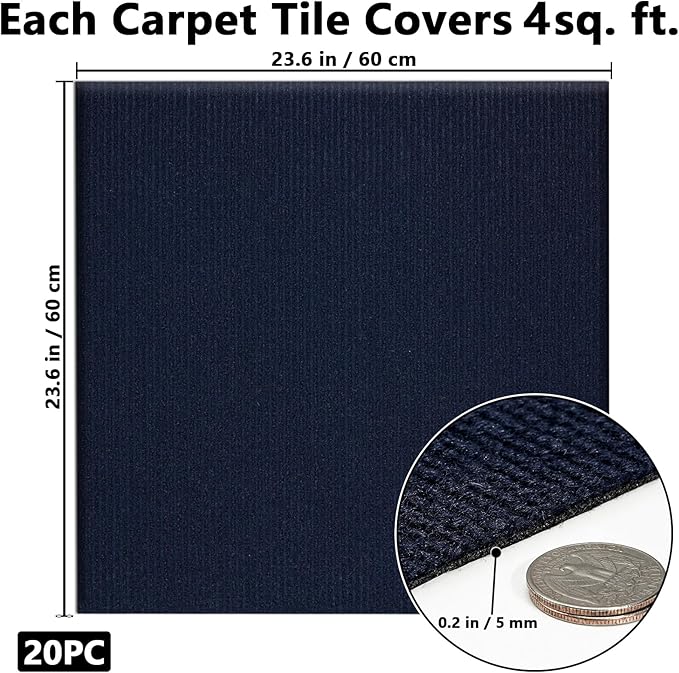 Carpet Tiles Peel and Stick, Self Adhesive Carpet Floor Tile 24" x 24", Dark Blue Soft Padded Flooring Sticker, Home Decor for Bedroom Living Room Office, 20 Tiles per Box
