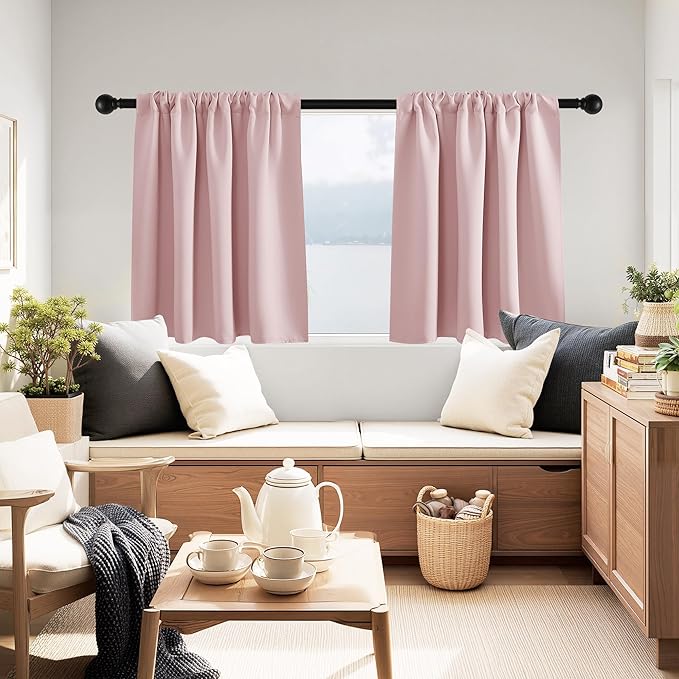 PONY DANCE Blush Pink Cafe Curtains 24 inch Length,Thermal Insulated Small Window Curtains for RV Camper, Privacy Basement Short Drapes, Peach Blush, W 29 x L 24 inches, 2 Panels Set