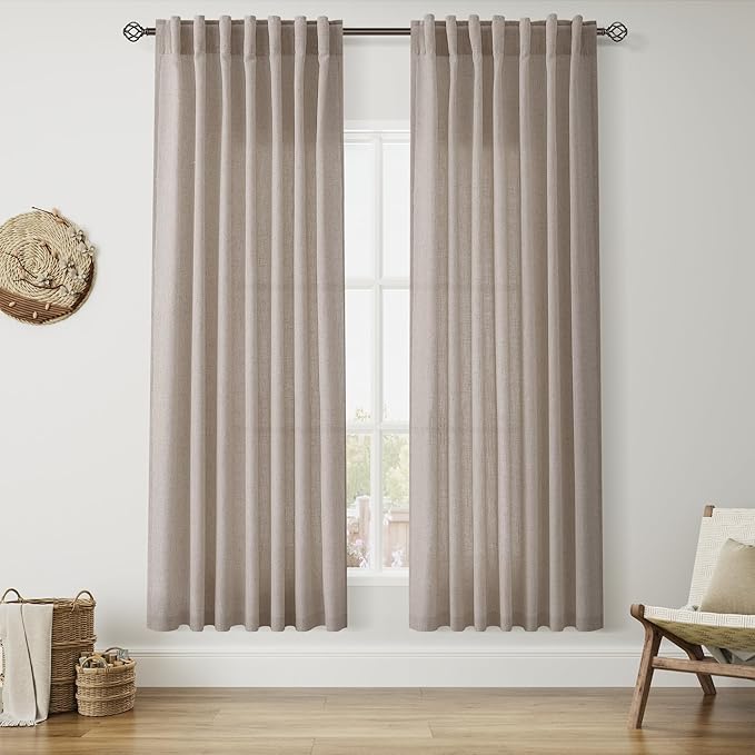 Nanspring Ecru 72 Inch Curtains for Living Room Linen Blend Luxury Light Filtering Semi Sheer Curtain Back Tab Rustic Decor Natural Farmhouse Elegant Boho Drapes for Bedroom 52x72, 2 Panels