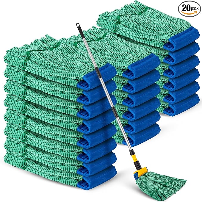 Hushee 20 Pack Large Microfiber Tube Mop Heads 18 oz Heavy Duty Commercial Industrial Wet Mop Head Refill Reusable Machine Washable Looped End Mopheads for Hardwood, Tile, Laminate Floors, Green