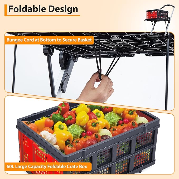 2-Tier Collapsible Shopping Cart, Foldable Grocery Cart with 198 lb Capacity, Wheels & Removable Crate, Portable Utility Trolley for Home, Groceries, Supermarket, Mall, Market, Red