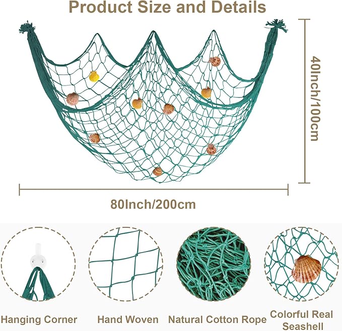 80x40 Inch Decorative Fishing Net w/Shells & Clips, 3mm Thickness Aqua Natural Cotton Large Photo Hanging Fishnet, Wall Party Decorations for Nautical Pirate Hawaii Underwater Mermaid Themed Party