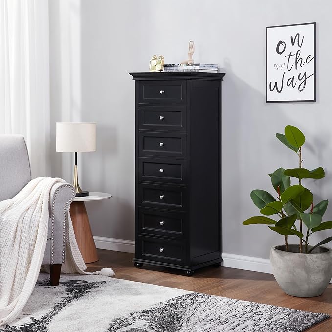 Tall Black Dresser for Bedroom with 7 Drawers, 52" Tall Modern Style Wooden Lingerie Chest with Crown Molding and Solid Wood Ball Legs, Anti-0xidation Zinc Alloy Knob(Black)