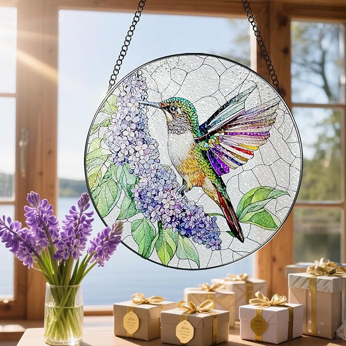 Stained Glass Window Hanging, 8 Inch Hummingbird Sun Catchers, Stained Glass Suncatcher, Window Decor, Gifts for Mothers Day, Birthday, Christmas, Hummingbird Gifts, Gift for Women Mom and Grandma