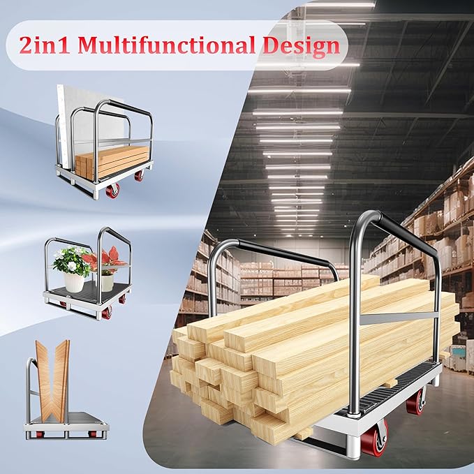 2IN1 Heavy Duty Panel Truck, 36" x 24" Platform Cart w/Rubber Mat & 3 Handrails, 2600 lbs Capacity Drywall & Lumber Cart, Flatbed Cart w/2 Swivel Casters, All-Steel Hand Truck Push Cart
