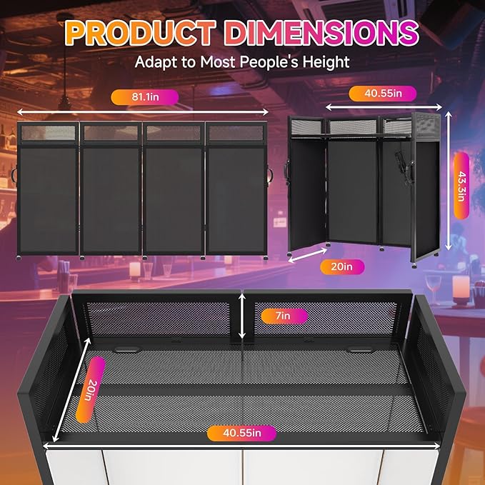 DJ Facade Booth Table 40" x 20" - Portable Detachable DJ Booth Table Station with Computer Bracket Surface & Cable Hole, Foldable DJ Table Includes Black/White Scrims & Carry Bag for Party