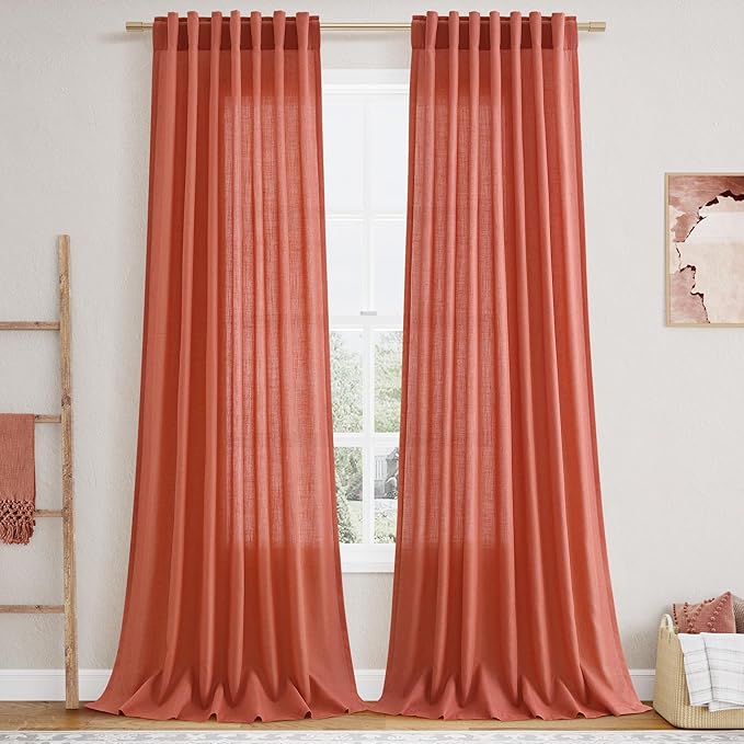 Nanspring Coral Linen Boho Curtains 90 Inch Length 2 Panel Set Back Tab Rod Pocket Semi Sheer Light Filtering Neutral Farmhouse Lightweight Drapes for Bedroom and Living Room 52x90